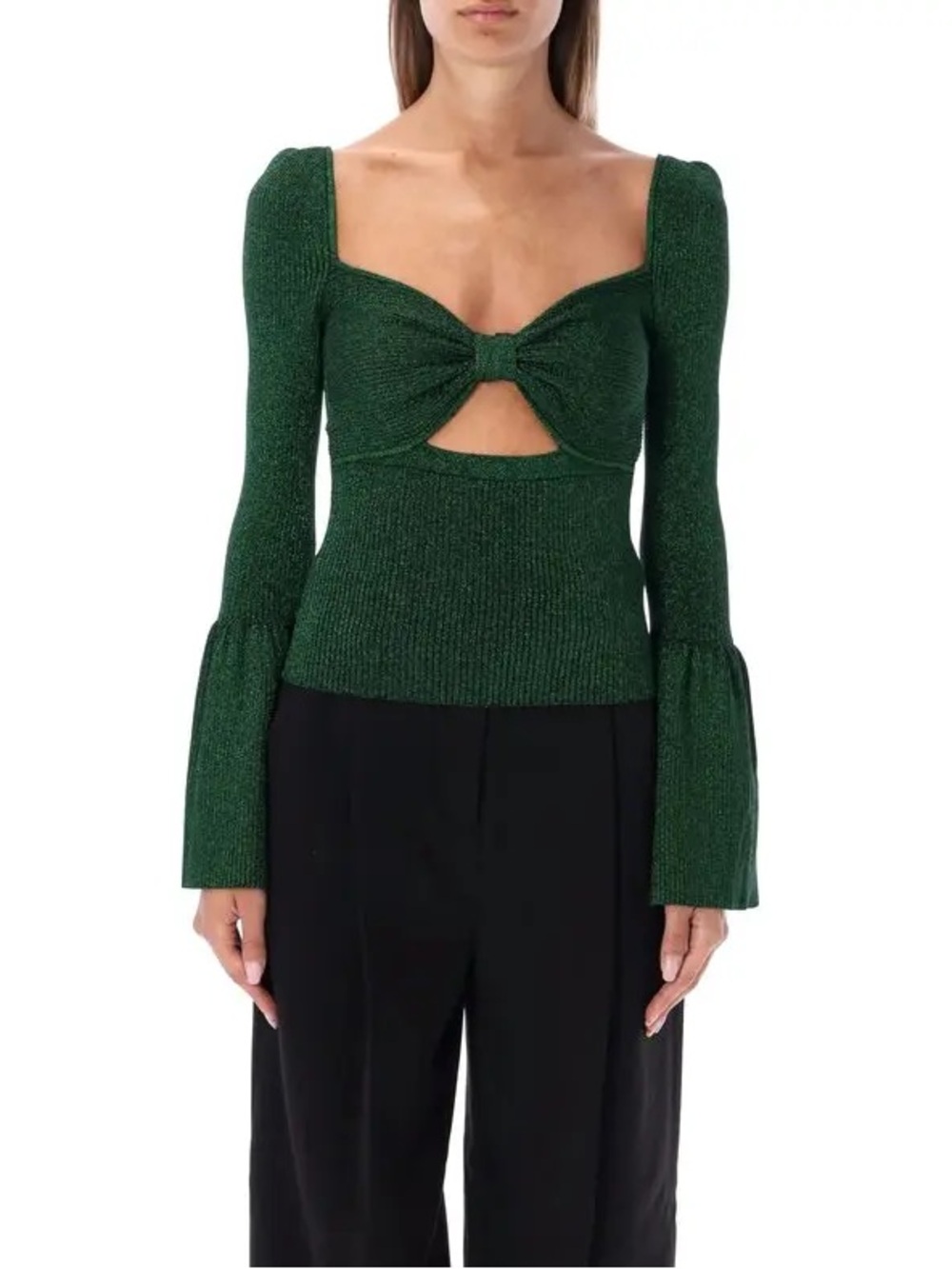 Self-Portrait || Lurex Knit Top Keyhole Bell Sleeve‎ Metallic Green Small